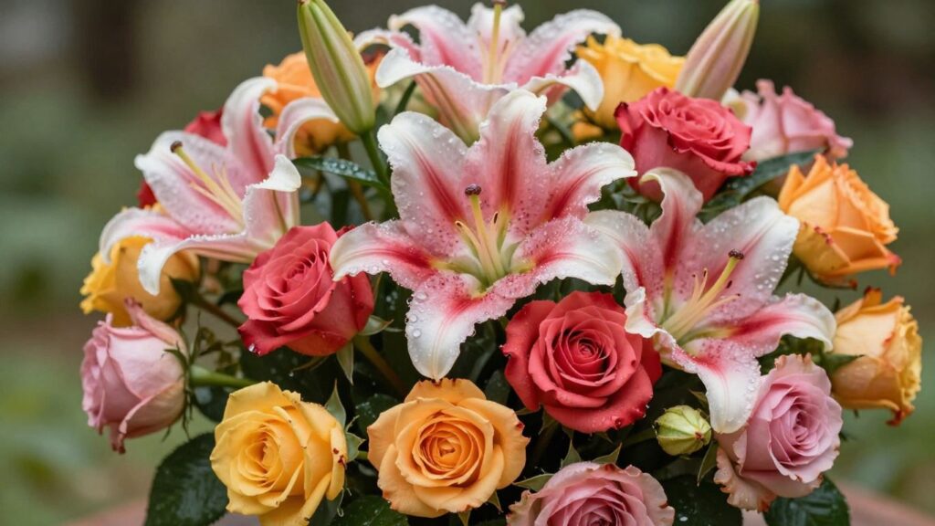 Fresh flower bouquet with roses and lilies.