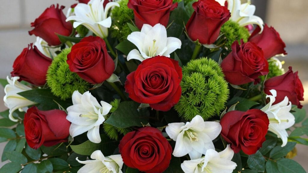 Beautiful flower arrangement with roses and lilies.