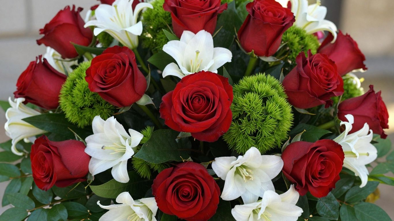 Beautiful flower arrangement with roses and lilies.