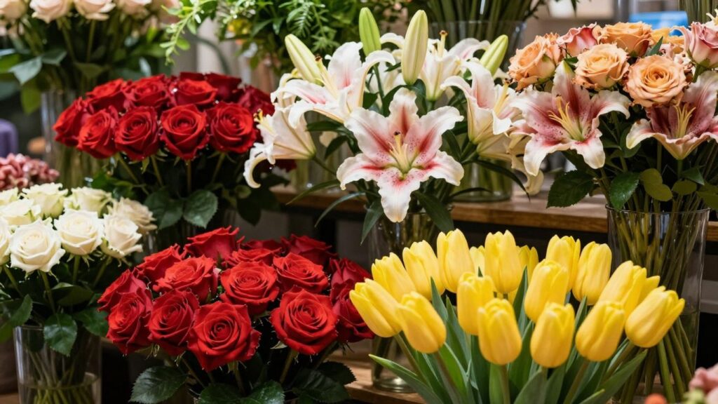 Colorful fresh flowers arranged in a bright floral shop.
