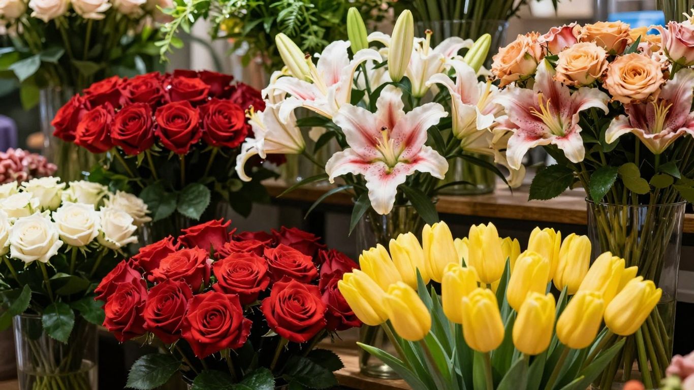 Colorful fresh flowers arranged in a bright floral shop.