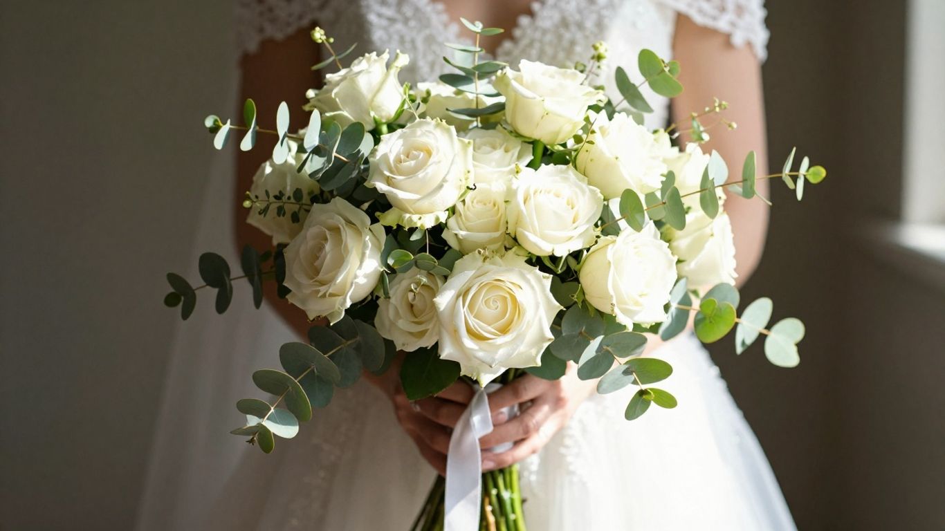 Bride holding a beautiful wedding bouquet of roses and eucalyptus.