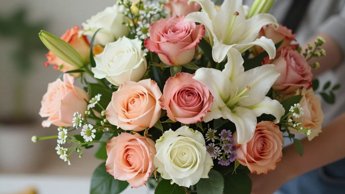 Fresh flower bouquet with roses and lilies.