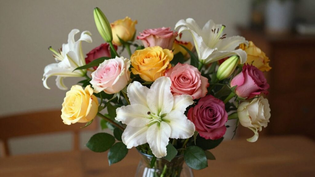 Beautiful floral arrangement with roses and lilies.